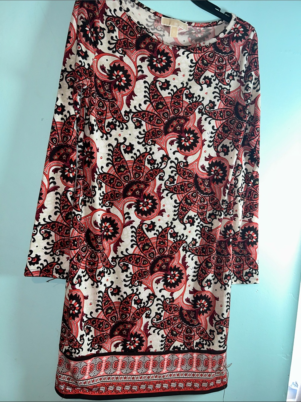 Michael Kors Red and Black Paisley Long Sleeve Shift Dress